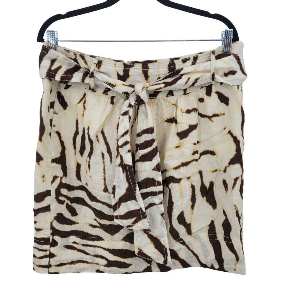 Banana Republic Linen Skirt 14 Brown Cream Zebra Animal Print Mini Pockets‎ City